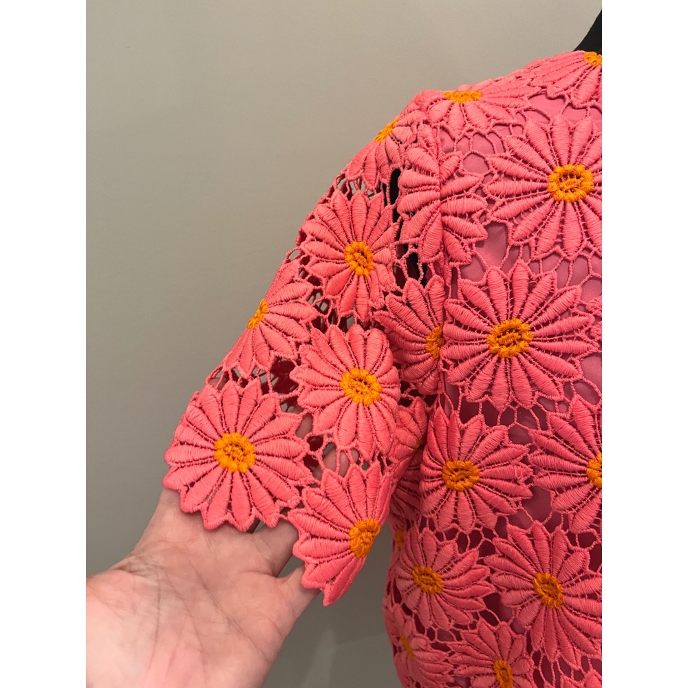 LoveWednesday Pink Daisy Lace Bow Back Top Short Sleeve Floral Blouse‎  L - Picture 9 of 10